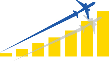 Image of a bar graph and a plane icon